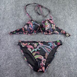 Victoria's Secret Bikini Set Women 34D M Black Paisley Underwire Halter Swimsuit